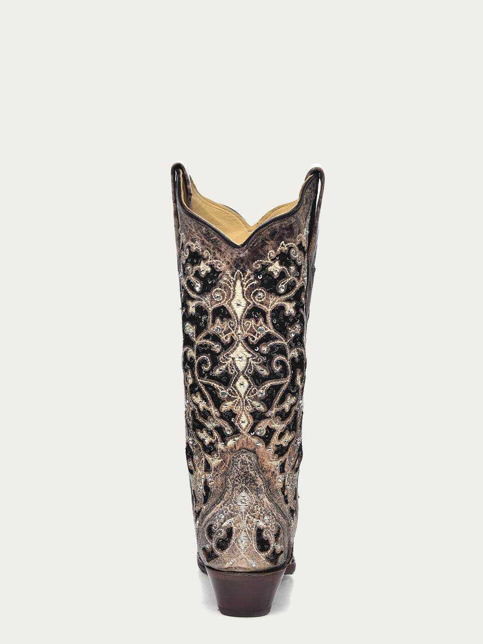 Women's Corral Brown Leather Boots with black glitter inlays, floral embroidery, metallic studs, and crystals on 13-inch shaft