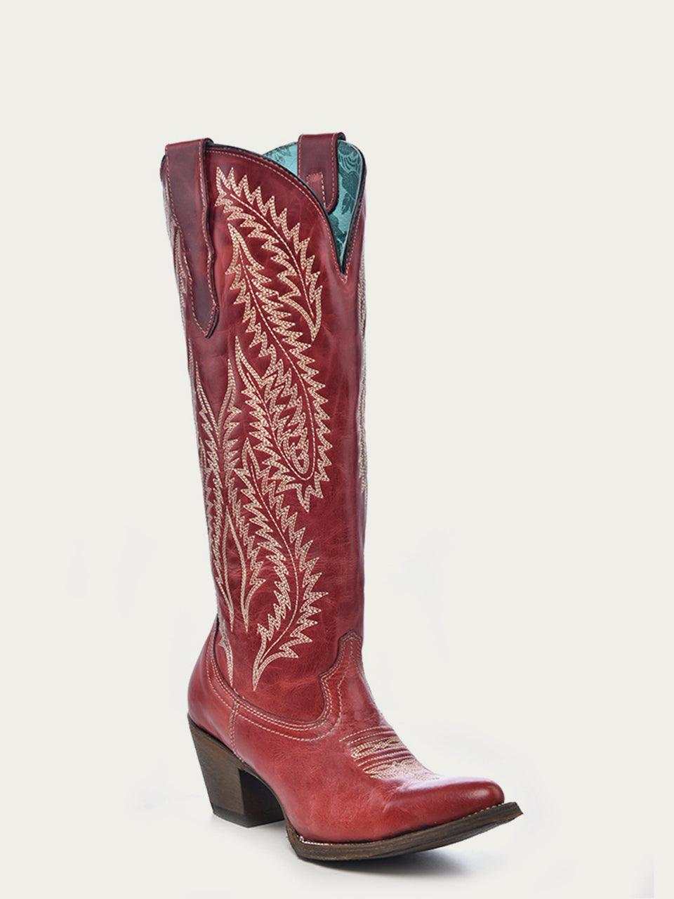 Women's Corral Red Genuine Leather Boots in faded red leather with ornate cream embroidery, tall shaft and snip toe