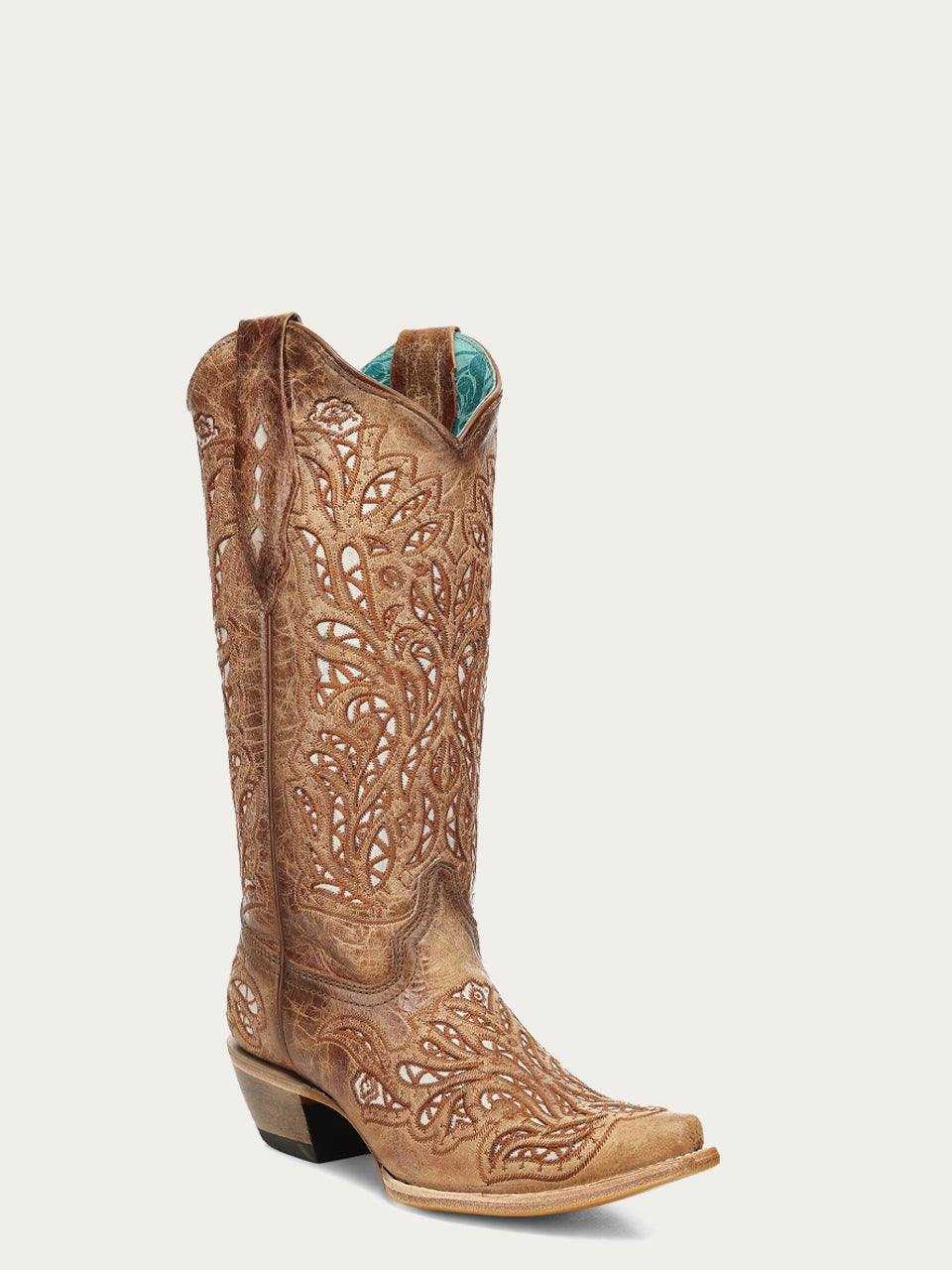 Women's Corral Sand Genuine Leather Boots in tan leather with ornate floral cutout embroidery and a pointed toe
