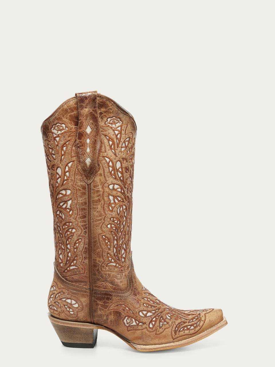 Women's Corral Sand Genuine Leather Boots in tan leather with intricate floral cutout embroidery and pointed toes