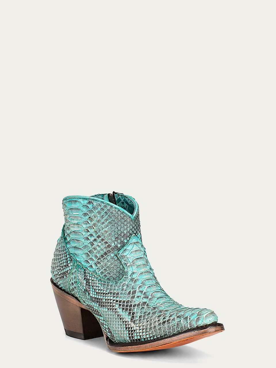 Women's Corral Turquoise Python Boots in turquoise textured python leather, with a pointed toe and stacked block heel