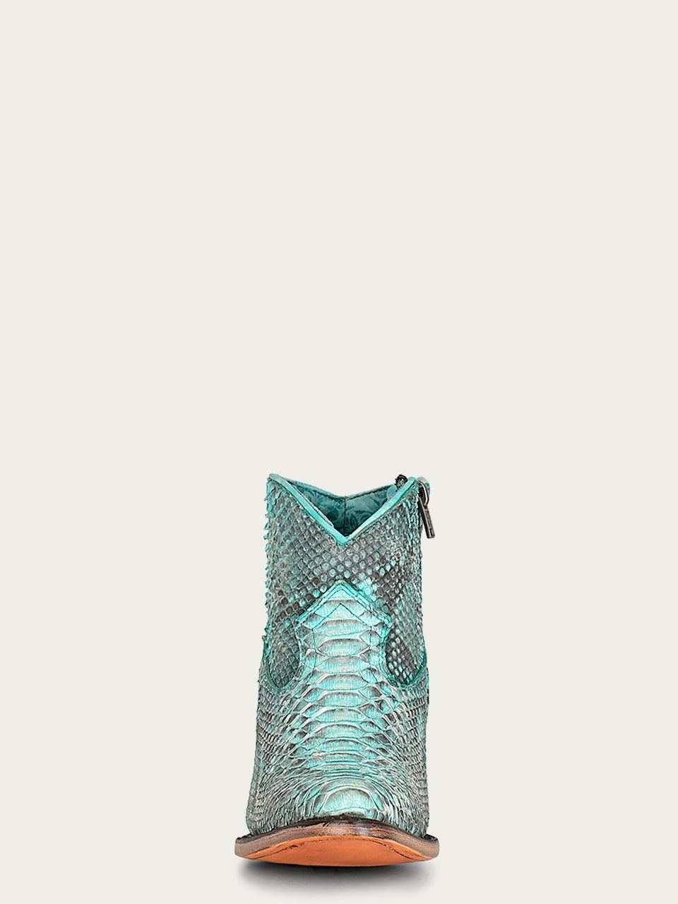 Women's Corral Turquoise Python Boots in textured turquoise leather, shown from the rear with a pointed shaft and side zipper
