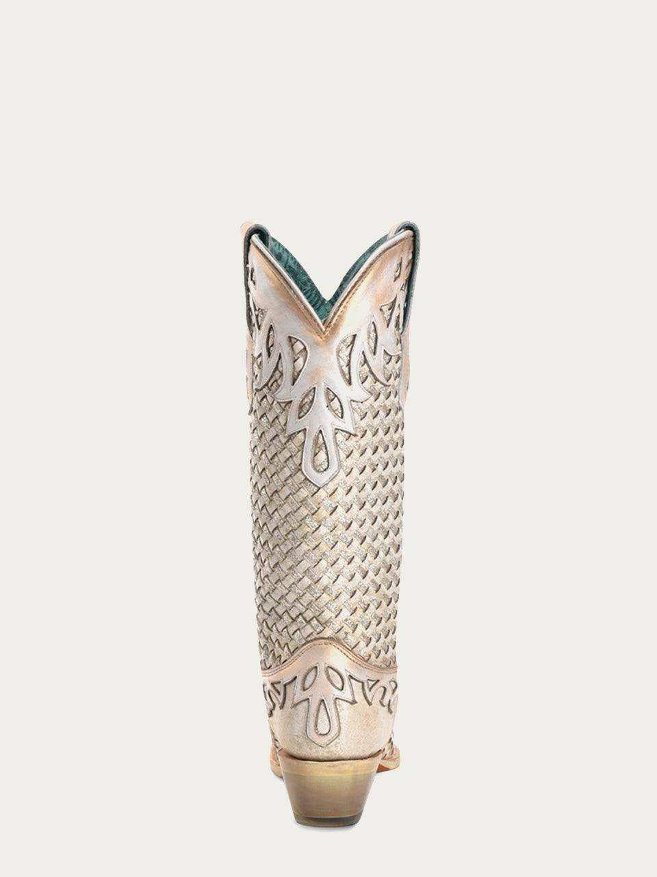 Women's Corral White Genuine Leather Boots with Glitter, tall white leather Western boot with woven texture and ornate overlays