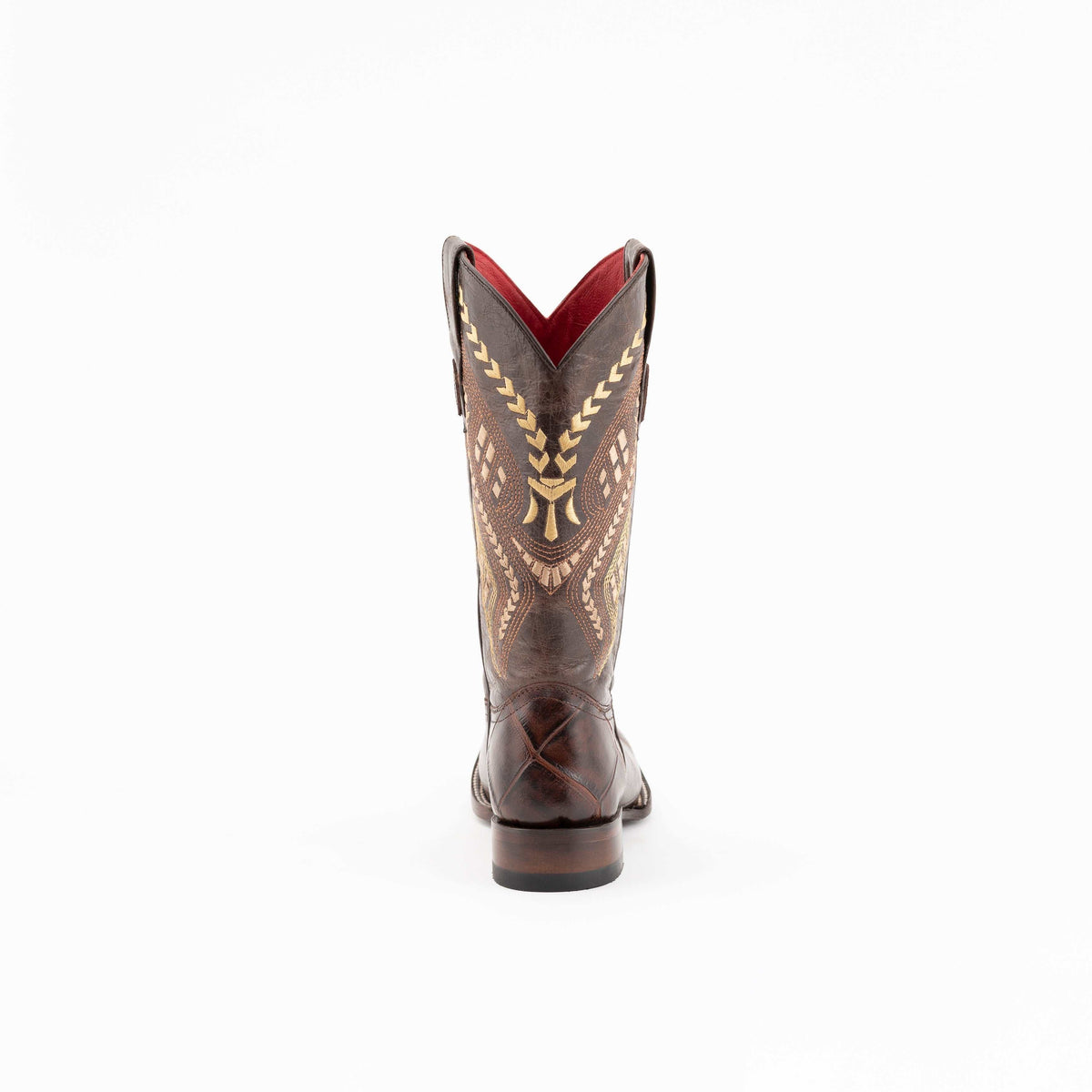 Women's Ferrini Jesse western boots in chocolate brown leather with alligator-print texture, gold stitching and a block heel