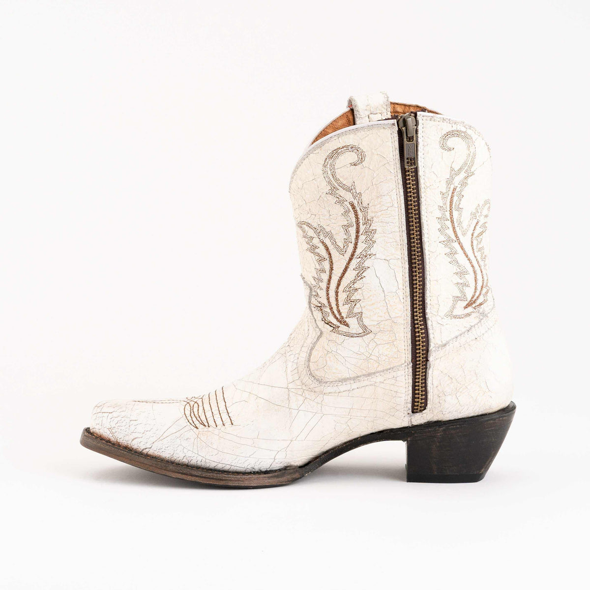 Women's Ferrini Molly Leather Booties in distressed white leather with stitched western scrollwork, pointed toe and side zipper