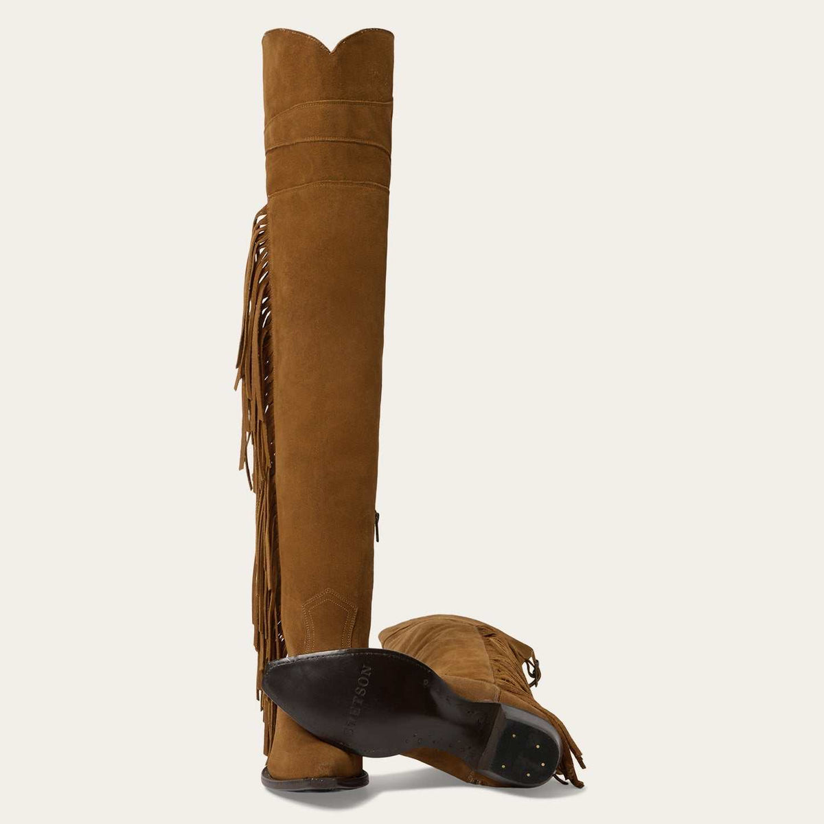 Womens Stetson glam tan leather over-the-knee suede boots with fringe