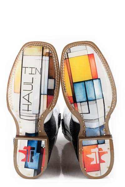 Womens Tin Haul black white python print boots with Mondrian sole