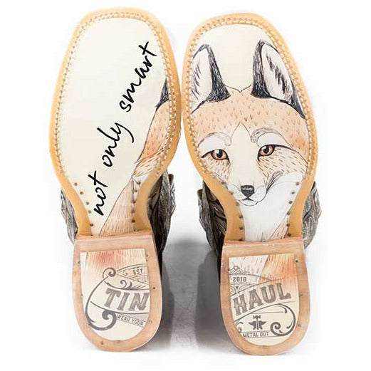 Women's Tin Haul Boots with tan leather soles, hand-drawn fox artwork, and branded heels in a brown western style