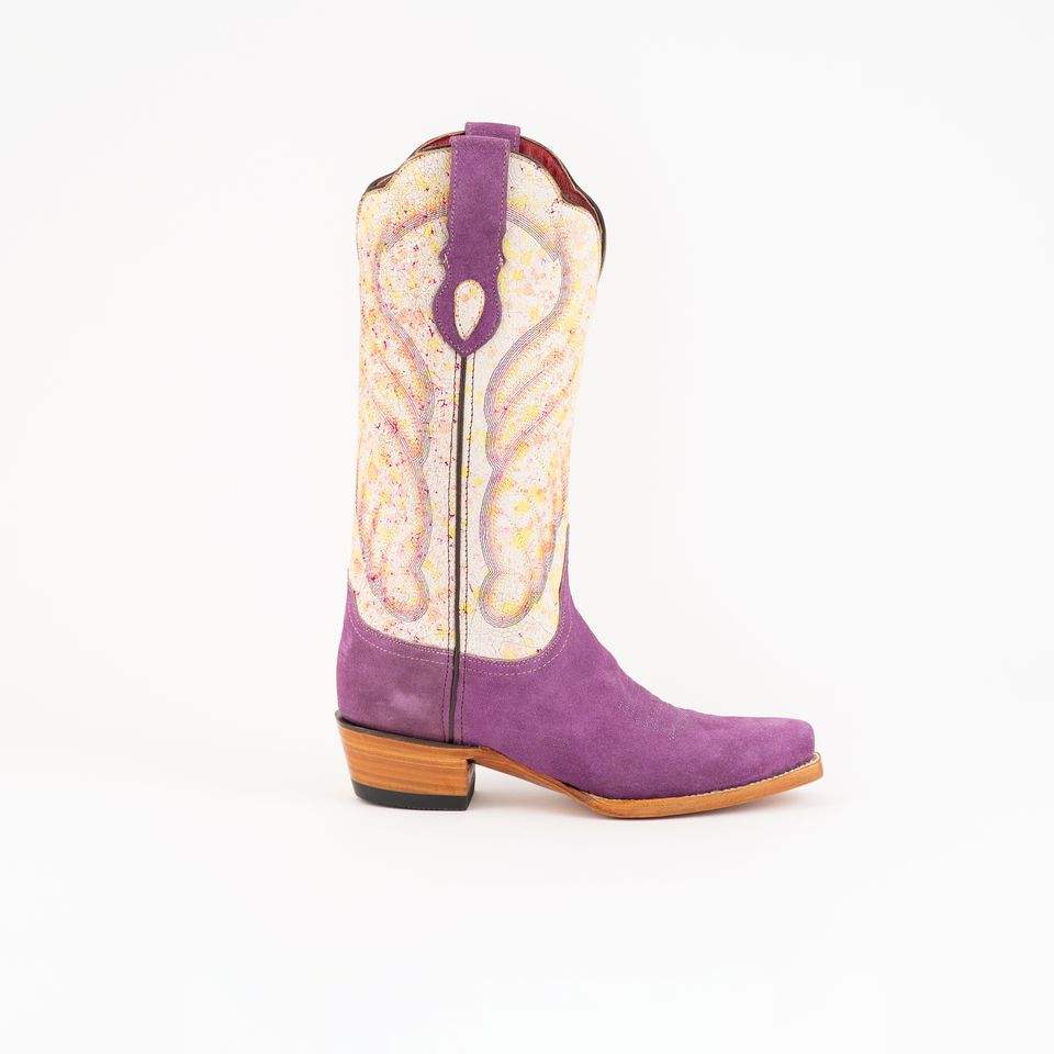 Purple women's Ferrini Candy leather boots with 2-inch cowboy heel and snip toe, handcrafted from full grain leather
