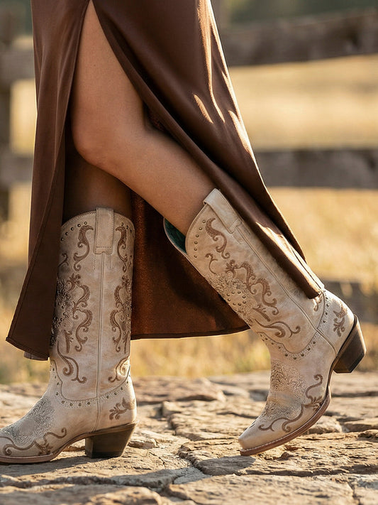 Women's Corral Straw Genuine Leather Boots with Floral Skull Embroidery & Studs
