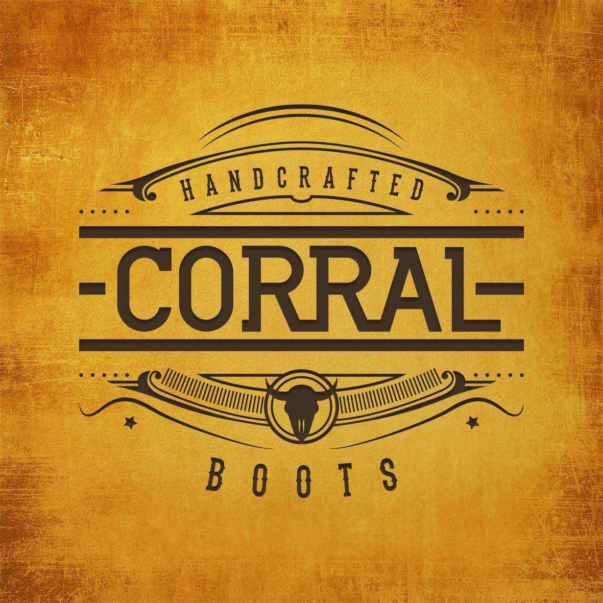 Corral Boots western brand logo in dark brown lettering, with hand-crafted text and a decorative longhorn emblem