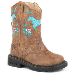 Toddler's Roper Horse Flowers Light Up Boots Handcrafted Tan
