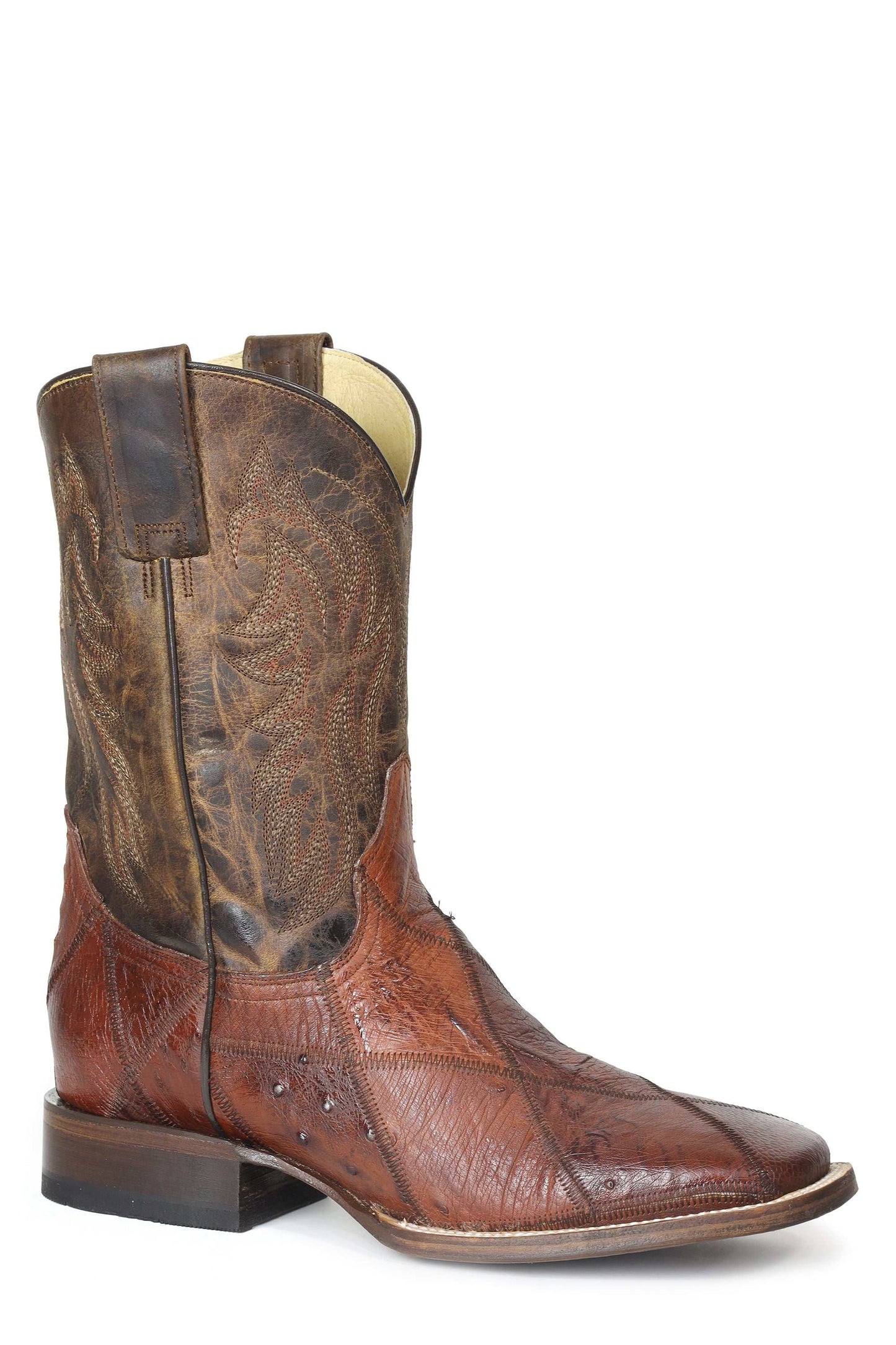 Men's Roper Ostrich Check Ostrich Leather Boots Handcrafted BROWN
