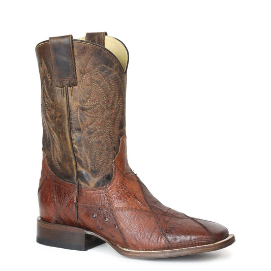 Men's Roper Ostrich Check handcrafted brown leather boots with square toe and cognac ostrich patchwork vamp