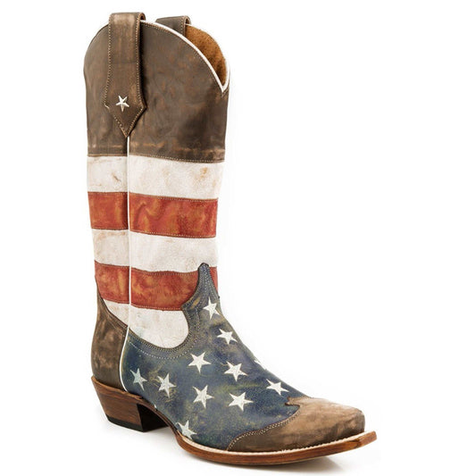 Men's Roper American West Leather Boots handcrafted brown leather with American flag design and cowboy heel