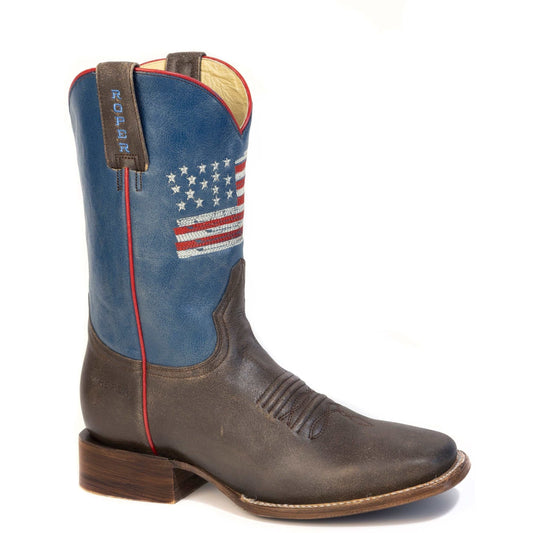 Men's Roper 250 USA Leather Boots handcrafted brown leather with American flag embroidery and square toe design