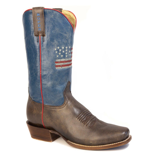 Men's Roper 250 USA handcrafted brown leather boots with cutter toe and American flag embroidery