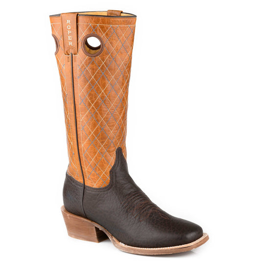 Men's Roper Take No Bull Boots handcrafted brown bull shoulder leather western boots with square toe and marbled orange shaft