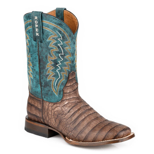 Men's Roper Cody handcrafted brown caiman print western boots with square toe and vintage blue leather shaft
