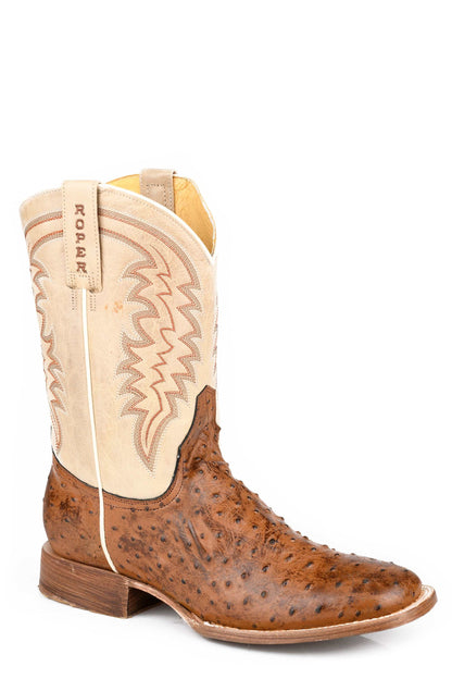 Men's Roper Otis Ostrich Ostrich Print Boots Handcrafted Brown
