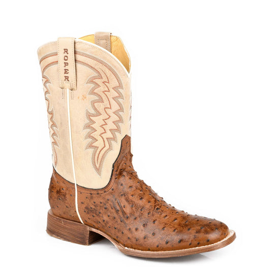 Men's Roper Otis Ostrich Boots brown handcrafted leather square toe western style