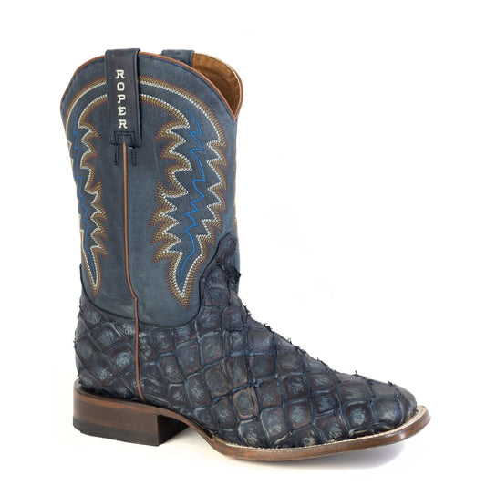 Men's Roper Big Fish Boots blue pirarucu print handcrafted western leather boots
