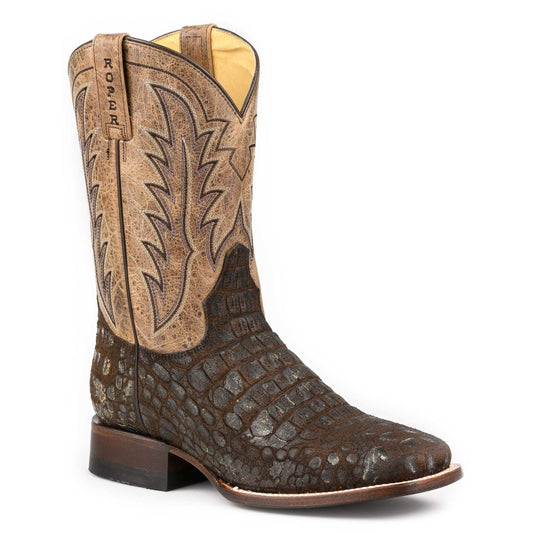 Men's Roper Big Old Croc Caiman print brown leather handcrafted western boots with square toe and embossed caiman vamp