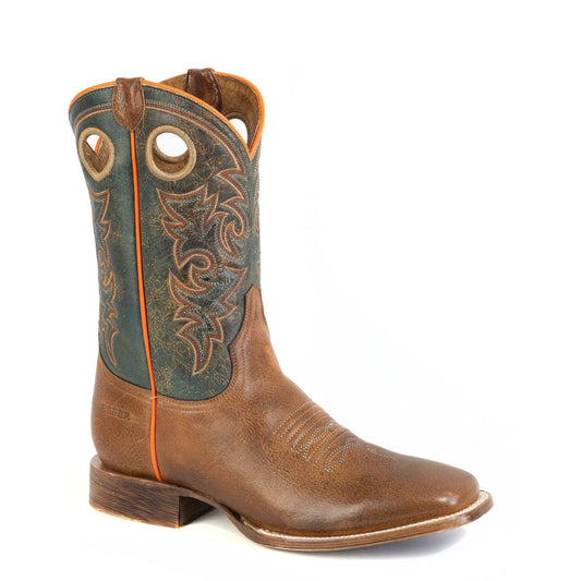 Men's Roper Cowboy Too handcrafted brown leather boots with square toe and vintage green leather shaft