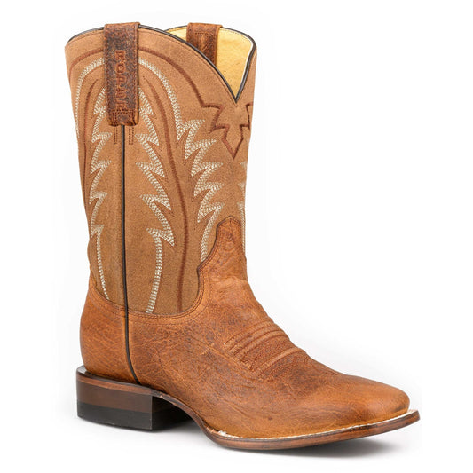 Men's Roper Bison Print Boots handcrafted brown embossed leather with suede shaft and square toe