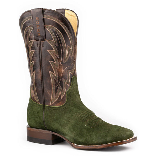 Men's Roper Drover handcrafted green suede leather boots with square toe and marbled brown leather shaft