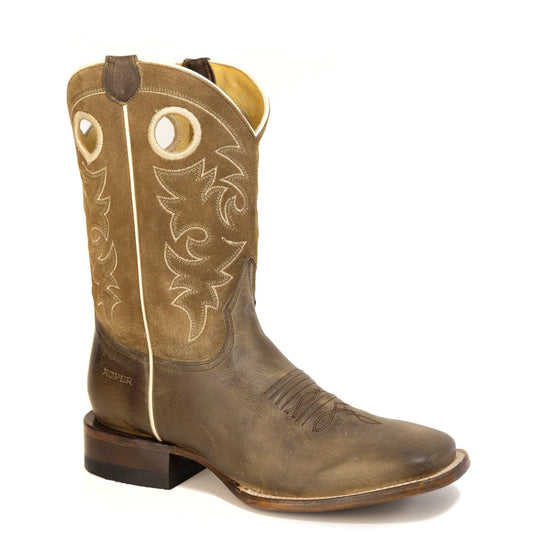 Men's Roper Cowboy Too Leather Boots handcrafted brown with square toe and 11-inch shaft