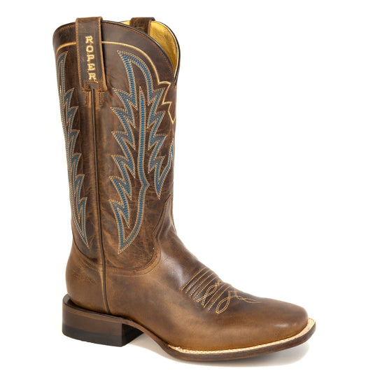 Men's Roper Marshall handcrafted brown leather boots with square toe and walking heel