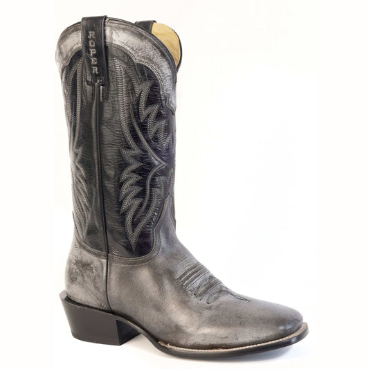 Men's Roper Ride 'Em Leather Boots handcrafted black leather with square toe and 13-inch shaft