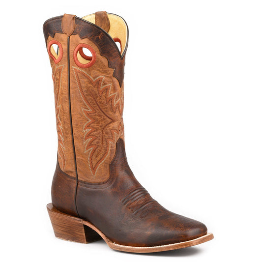 Handcrafted Men's Roper Ride 'Em brown bison leather boots with square toe and leather sole