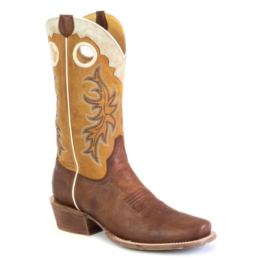 Men's Roper Ride 'Em Cowboy Leather Boots handcrafted brown leather with cutter toe and 13-inch shaft