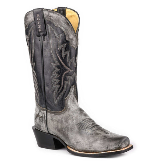 Men's Roper Ride 'Em Handcrafted Black Leather Boots with cutter toe and 13-inch shaft
