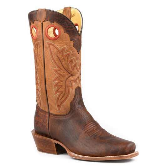 Men's Roper Ride Em' Bison Leather Boots handcrafted brown western style with cutter toe and leather sole