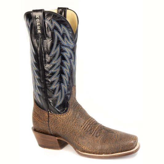Men's Roper Rawhide Bison Leather Boots handcrafted brown leather cowboy boots with cutter toe and 13-inch shaft