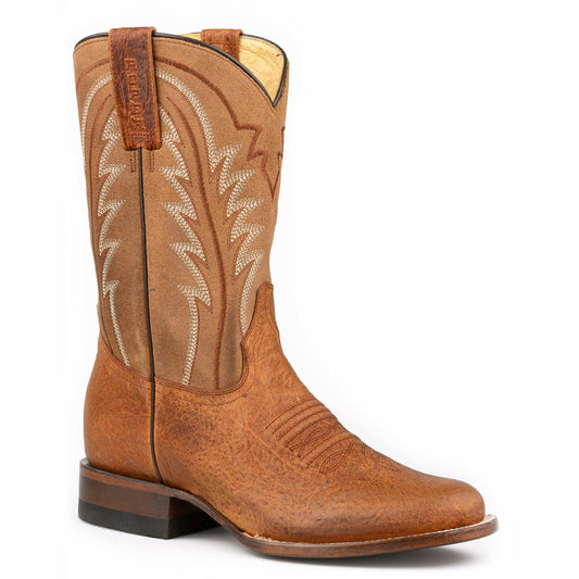 Men's Roper Faux Bison Print Boots handcrafted brown leather with burnish tan suede shaft and round toe