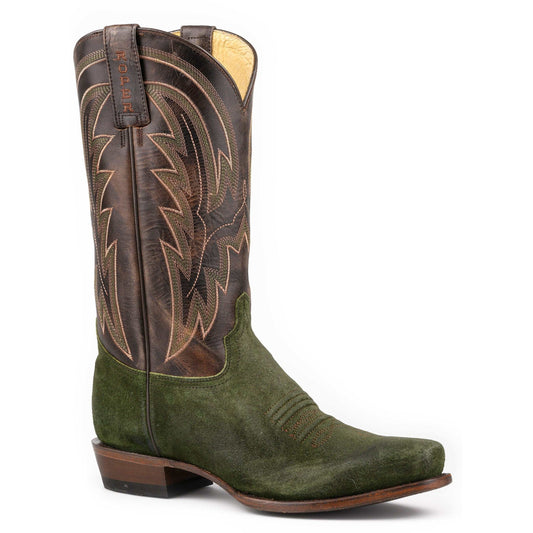 Men's Roper Drover suede leather boots in dark green with marbled brown shaft and leather sole