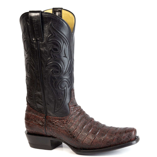 Handcrafted Men's Roper Bayou Boss Caiman Boots in black cherry with embossed caiman leather and double welt construction