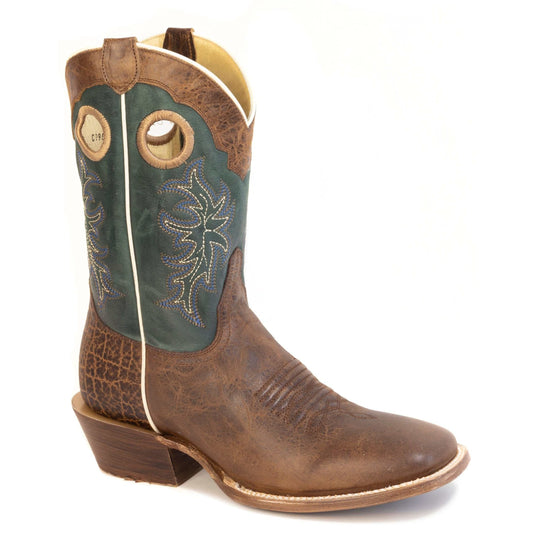 Men's Roper Rough Rider handcrafted brown leather boots with square toe and burnish green shaft