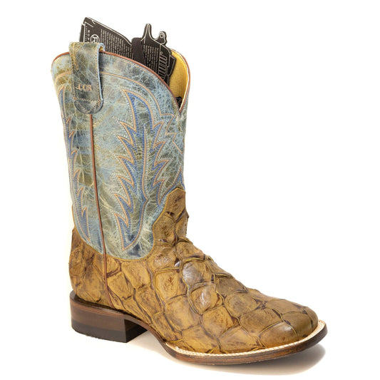 Men's Roper Big Old Fish CCS Pirarucu print handcrafted brown leather western boots with square toe and embossed vamp