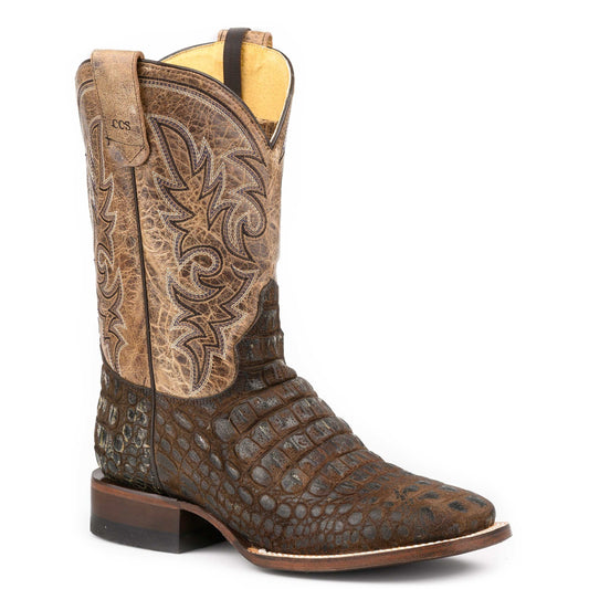 Handcrafted Men's Roper Crocodile Print Brown Leather Boots with Square Toe