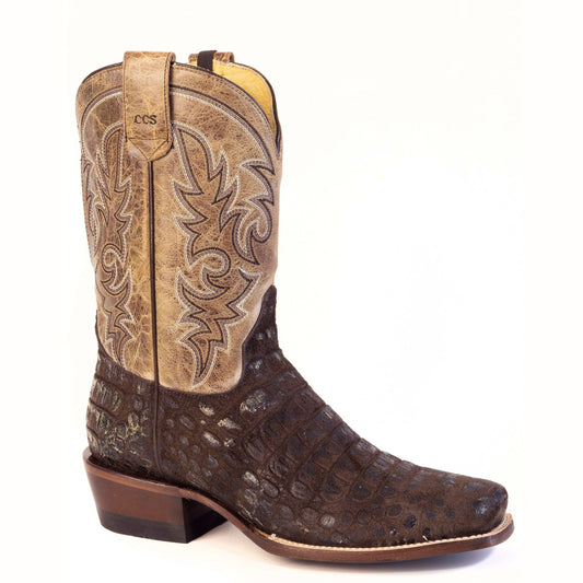 Men's Roper Croc CC Caiman leather boots with cutter toe and embossed brown caiman leather shaft