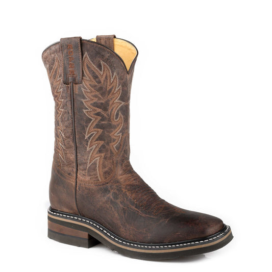 Men's Roper Work It Out Leather Boots handcrafted brown western square toe boots with leather lining and PU sole