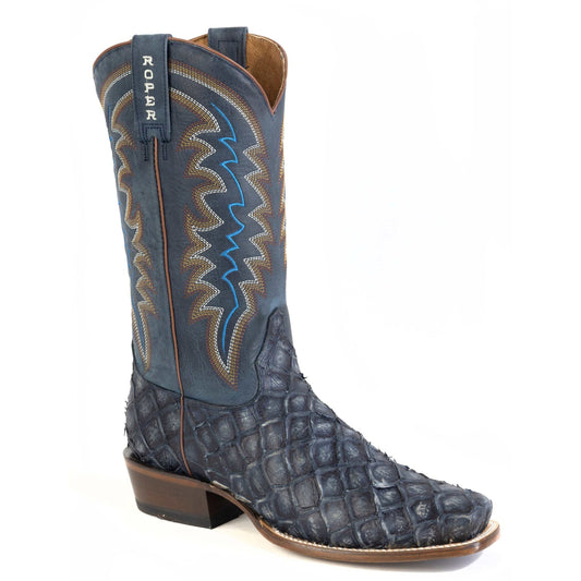Men's Roper Big Fish Blue Pirarucu Leather Boots with embossed fish print and leather sole