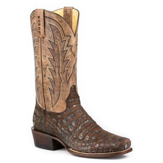 Men's Roper Big Old Croc Caiman Print Boots handcrafted brown embossed leather cowboy boots