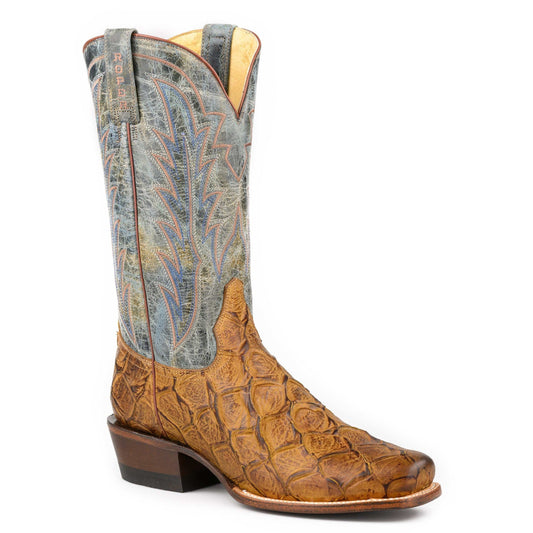 Men's Roper Big Old Fish Pirarucu Print Boots handcrafted brown leather cowboy boots with cutter toe and vintage embossed vamp