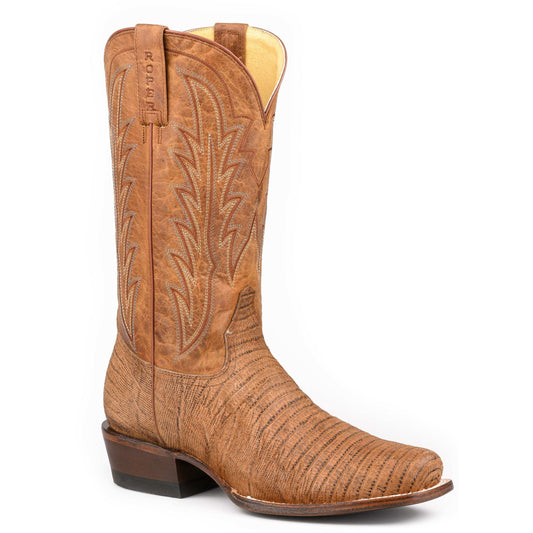 Men's Roper Leapin' Lizard Teju leather boots in tan with embossed lizard print and handcrafted western design